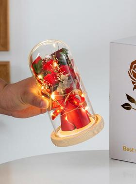 玫瑰花束玻璃罩礼物仿真花肥皂花教师节送女友闺蜜永生花摆件灯