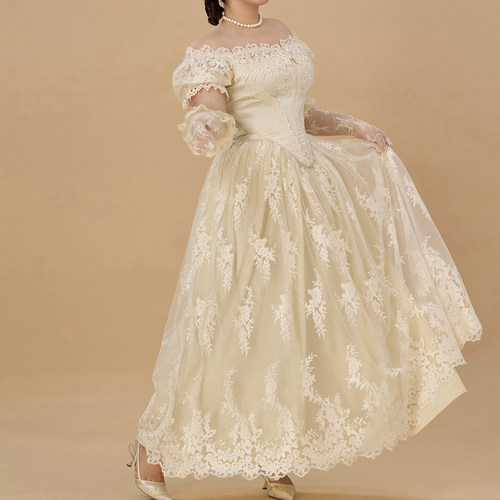 LaceMade大码女装 花烛泪 法式宫廷风收藏级蕾丝鱼骨连衣裙轻婚纱 - 图0