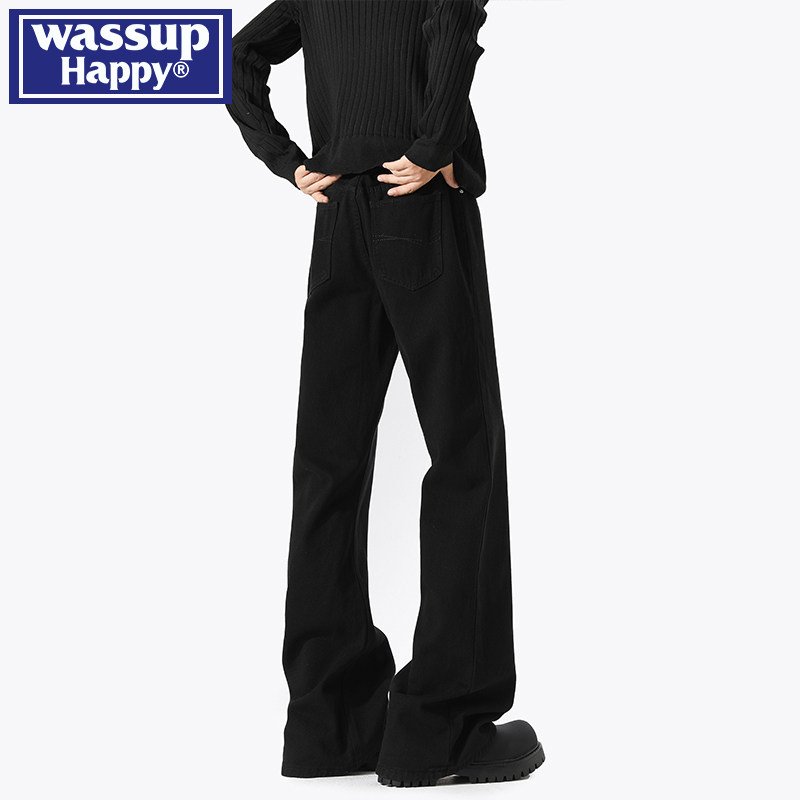 wassup happy巴黎bootcut牛仔裤子男春秋季新款宽松直筒微喇长裤 - 图2