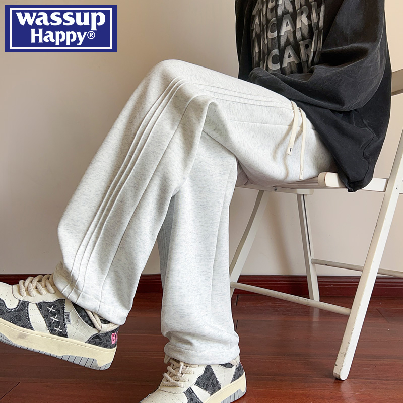 wassup happy美式褶皱直筒裤子男2025春秋季新牌宽松百搭休闲长裤 - 图2