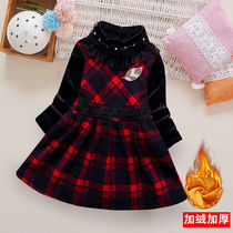 Girl Autumn Winter High Neckline Dress Plus Suede Thickening Plaid Girl Dress Girl Foreign Air Princess Dress Warm Beating Underskirt