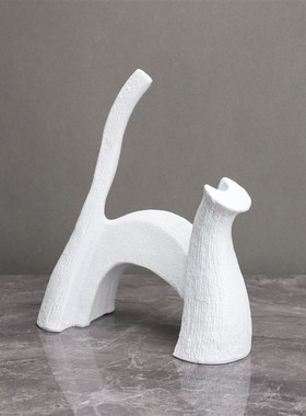 新中式白色条纹艺术猫样板房售楼部卧室书房客厅桌面玄关饰品摆件