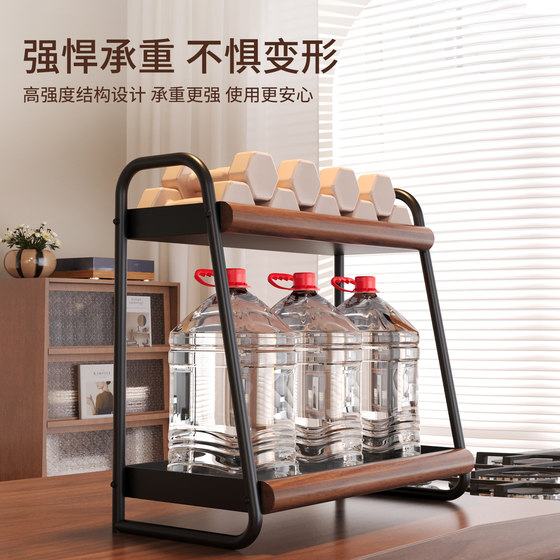 Medieval style solid wood carbon steel double layer kitchen storage rack