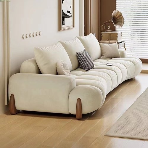 复古风现代简约新款客厅沙发布艺小户型奶油风弧形极简猫抓布沙发-图1