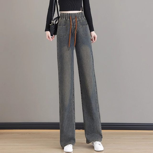 Cement Gray Wide Leg Jeans Women's High Waist Plus Velvet 2025 New Elastic Waist Large Size Straight Floor-Mopping Wide Leg Pants