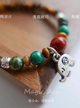 【喜象】原创设计天然虎眼石S925纯银手串复古弹力绳情侣招财手链