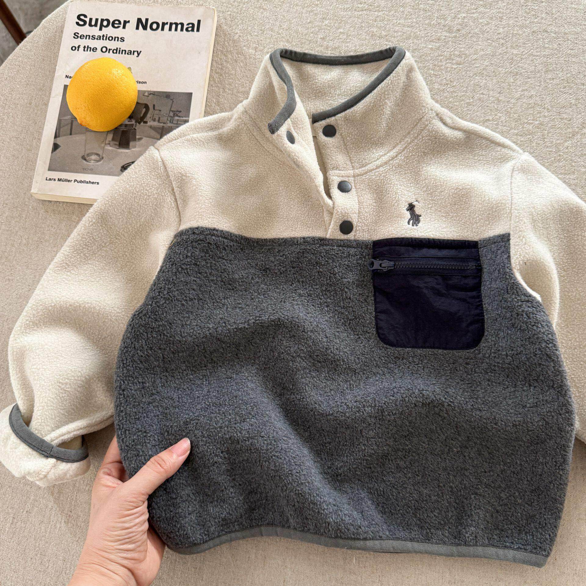 儿童Polo衫双面绒秋冬男童半拉炼外套加绒潮宝宝口袋打底衫女洋气,淘宝优惠券,粉丝福利购,淘宝优惠卷