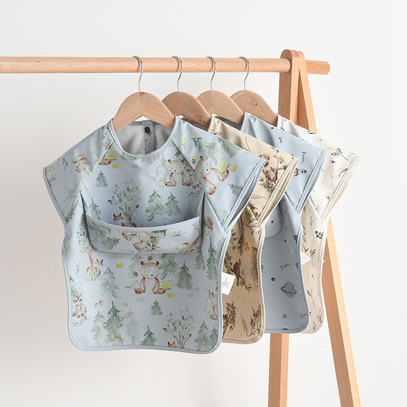 Korean style children's smock baby sleeveless bib pu reverse dressing baby waterproof rice pocket eating anti-dirty food supplement bib