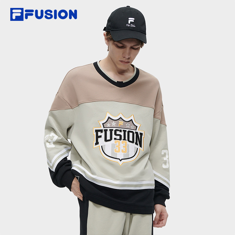 FILA FUSION斐乐潮牌男子针织套头衫2023冬宽松撞色拼接卫衣,淘宝优惠券,粉丝福利购,淘宝优惠卷
