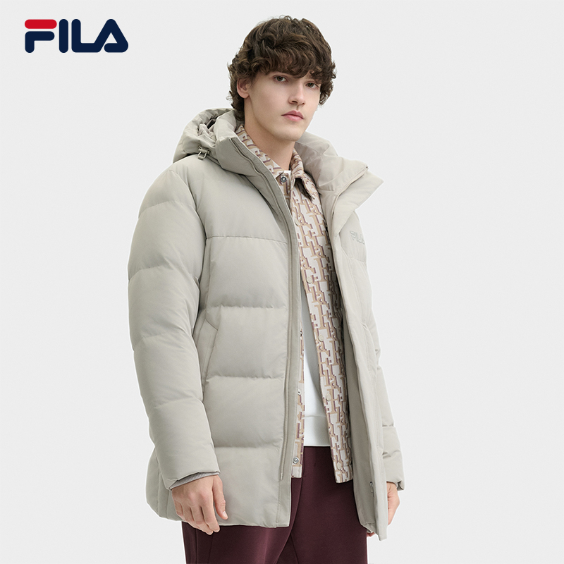 FILA 斐乐官方男士中长款羽绒服2024冬新款休闲舒适连帽保暖外套 - 图0