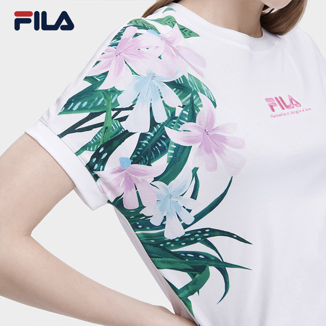 FILA official women's short-sleeved T-shirt 2023 summer casual print cool ice silk breathable top