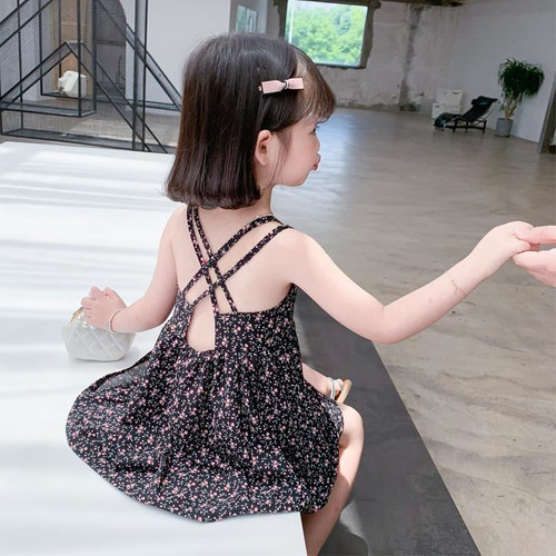 女童连衣裙夏季露背吊带公主裙洋气宝宝夏装儿童雪纺碎花沙滩裙子 - 图0