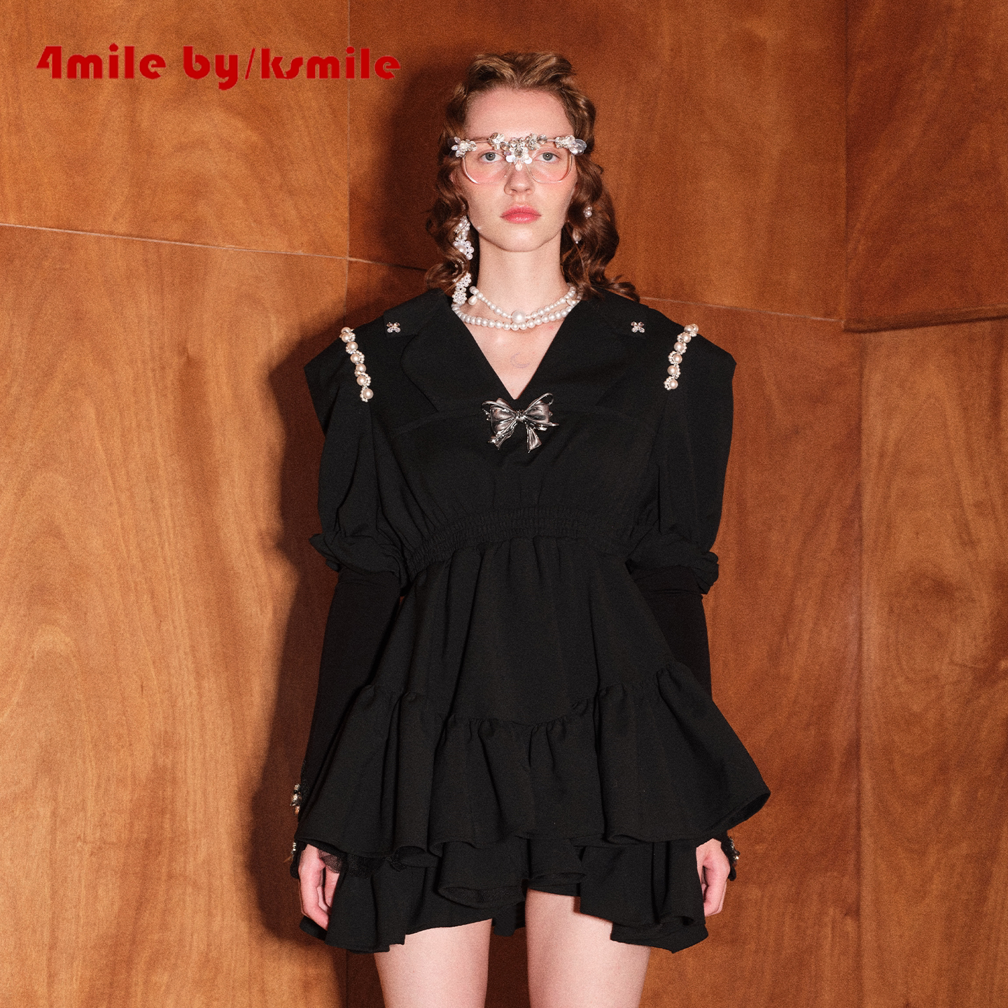 【双12抢先购】4MILE BY KSMILE 黑色肩链v领高腰显瘦复古连衣裙