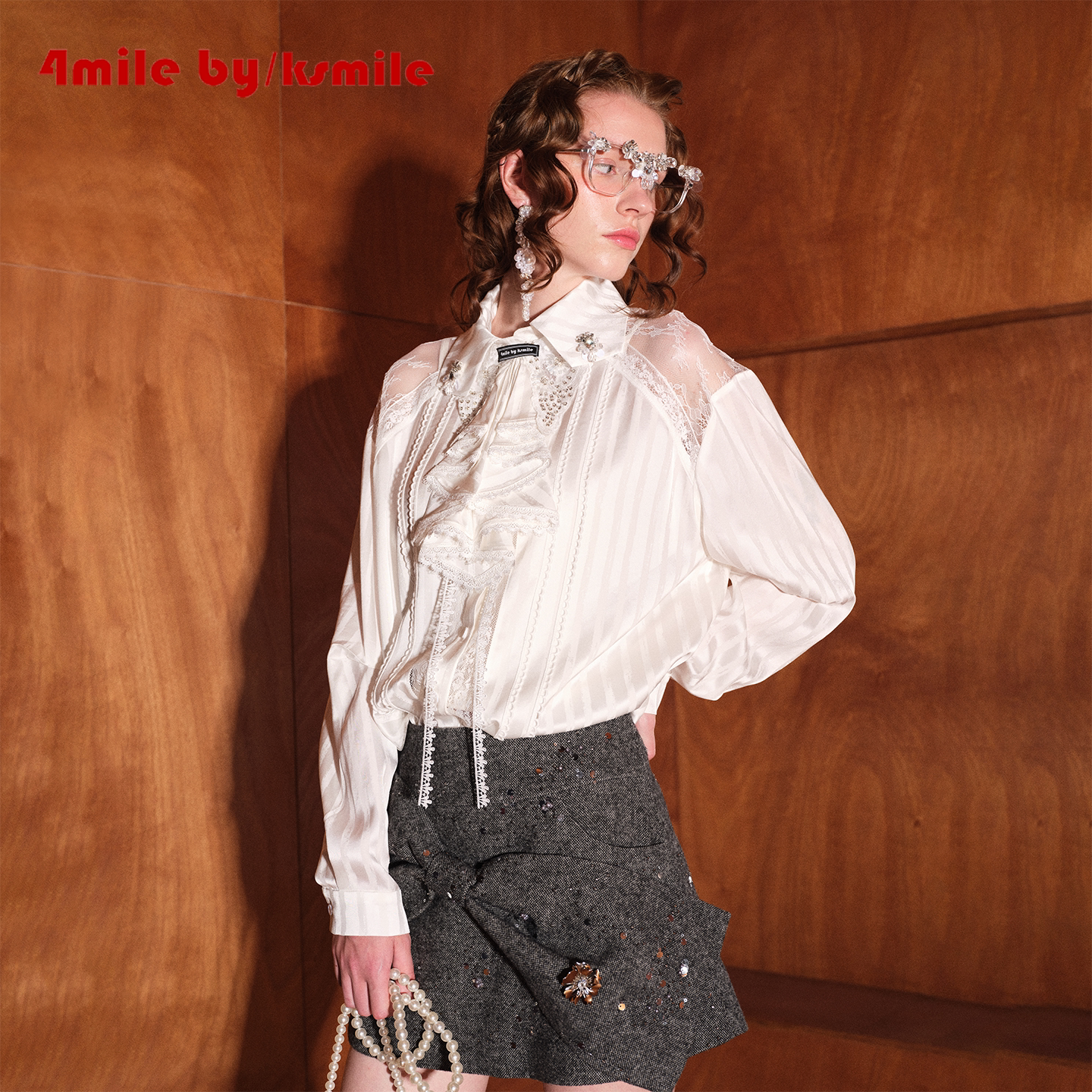 【双12抢先购】4MILE BY KSMILE 白条纹醋酸拼蕾丝镂空花边衬衫