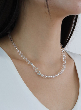 YAXN清凉感白水晶圆珠项链透明串珠锁骨链洋气百搭简约银色扣ins