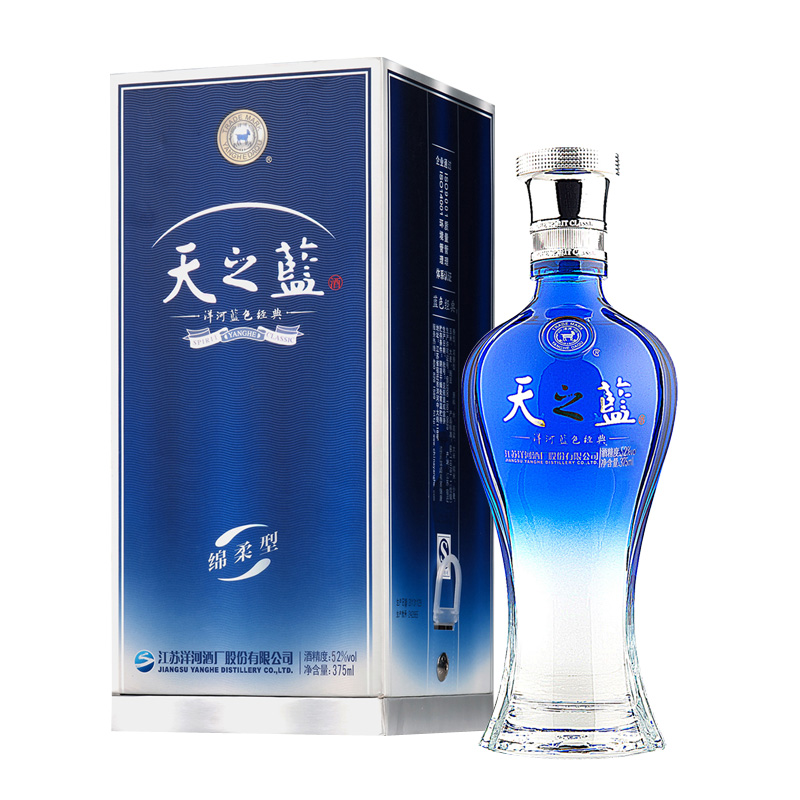 洋河蓝色经典 天之蓝52度375ml*1瓶 单支装 绵柔型浓香型纯粮白酒