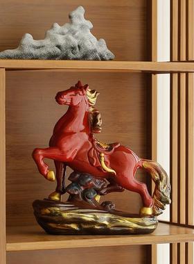 陶瓷马到成功摆件红色招财马新中式家居客厅酒柜领导办公室装饰品