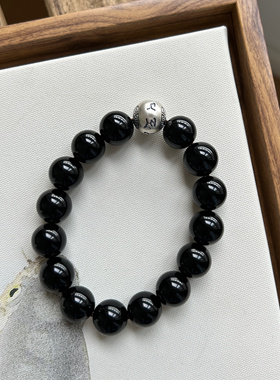 天然黑曜石手串女款六字真言守护好运转运珠情侣手链男生日礼物