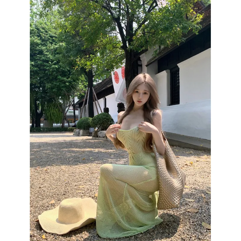 昕可达 度假镂空针织连衣裙女夏季新款露背绑带沙滩裙拖地长裙 - 图0