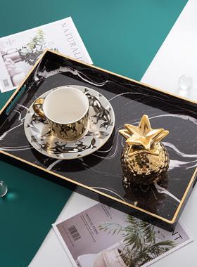 INS轻奢风长方形大理石纹装饰托盘玄关浴室化妆品首饰收纳展示盘