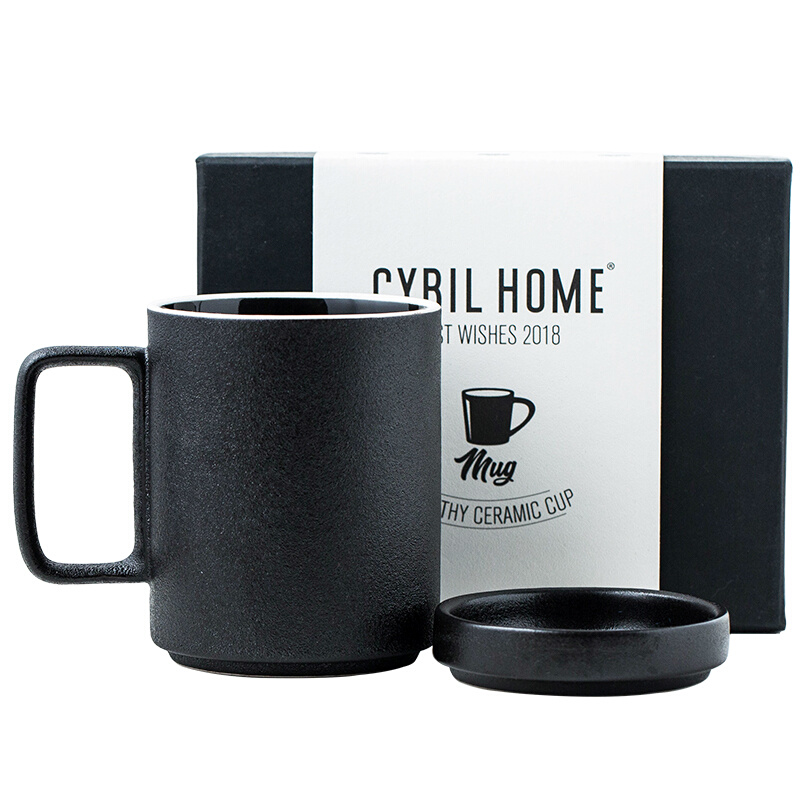 cybil 北欧黑色磨砂马克杯带盖勺杯子家用陶瓷杯咖啡杯办公室杯