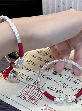 ESEELMI 足银9999古法南瓜纯银手镯新中式复古女开口实心镯子