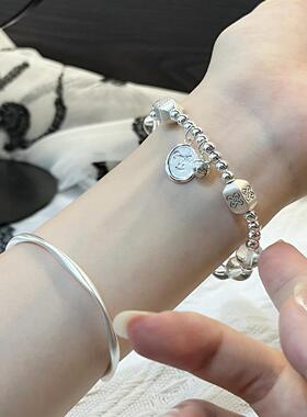 ESEELMI 设计天然白水晶手串925纯银微笑铃铛手链女礼物