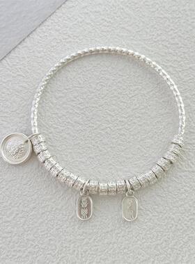 ESEELMI 纯银9999盘缠足银手镯黄财神平安喜乐开口镯子女款