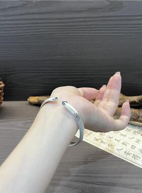 ESEELMI 足银999.9宝相花如意手镯女实心珐琅彩古法纯银镯子