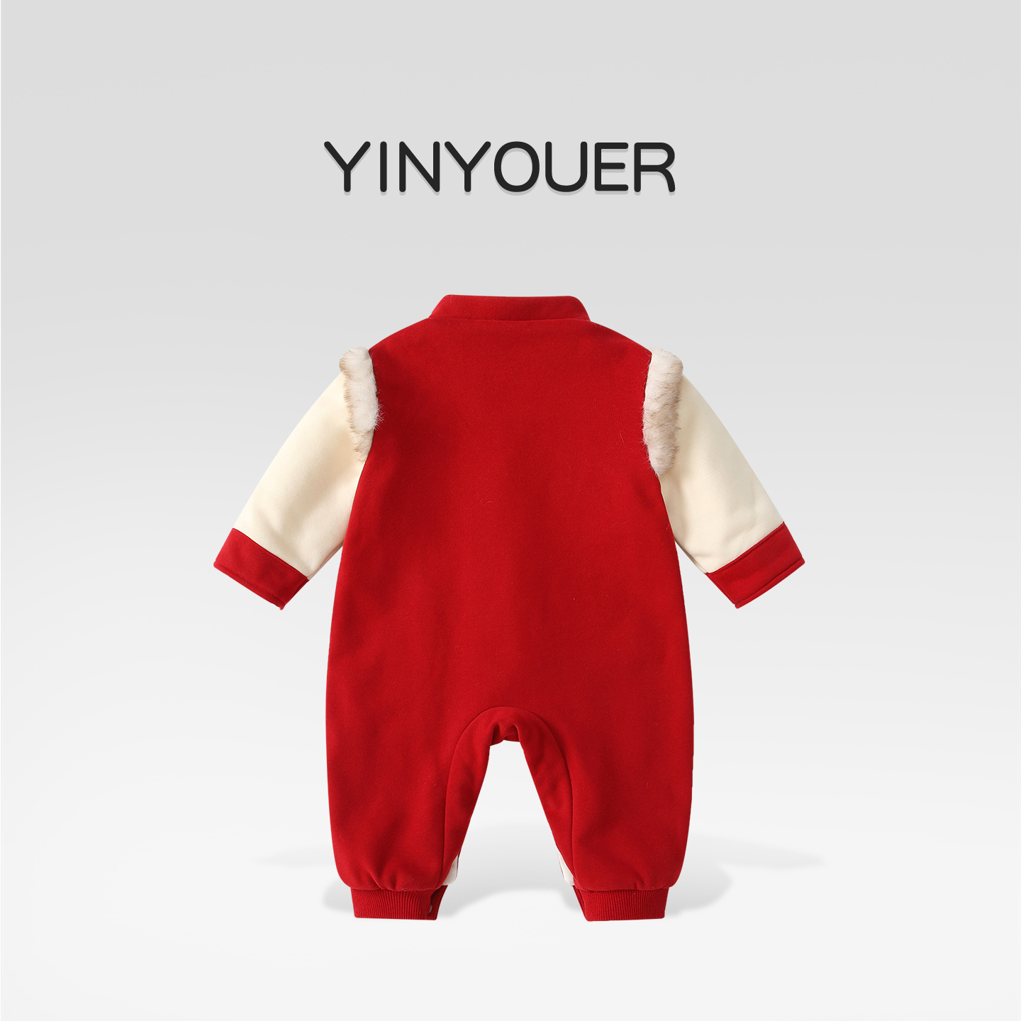 满月婴儿衣服秋冬装加绒连体衣喜庆中国风红色拜年服百天周岁礼服 - 图0