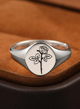 女款生辰花徽章戒指十二花神生辰月925纯银镀18K金小众ins风轻奢