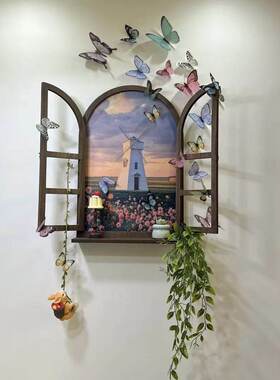 蝴蝶假窗装饰摆件少女心卧室风景墙遮丑神器背景墙布置改造装饰画