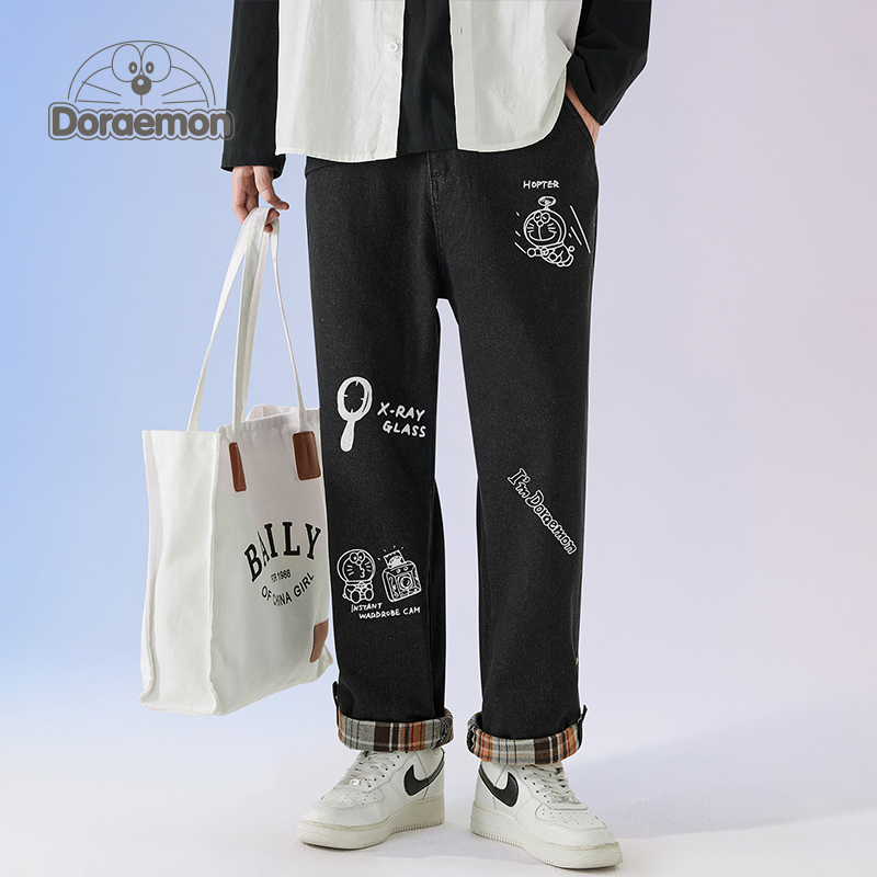 DORAEMON/哆啦A梦牛仔裤男秋冬季2024新款宽松直筒抽绳休闲长裤潮