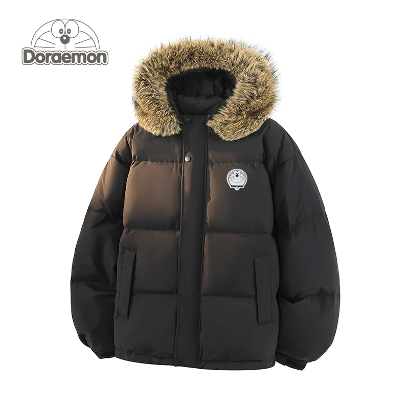 哆啦A梦美式毛领90羽绒服上衣男女冬季新款休闲百搭加厚防寒外套 - 图0