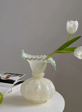 轻奢高级感绿色南瓜玻璃花瓶摆件法式复古客厅桌面鲜花装饰品