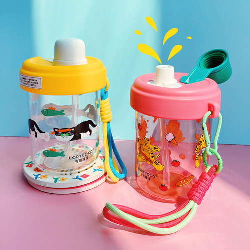 有蒂棵棵可爱水杯卡通印花吸管杯春夏透明杯手提便携杯子家用 - 图2