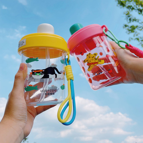 有蒂棵棵可爱水杯卡通印花吸管杯春夏透明杯手提便携杯子家用 - 图1
