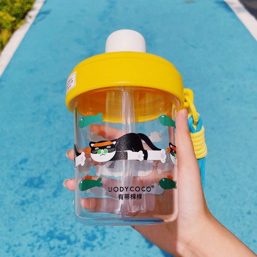 有蒂棵棵可爱水杯卡通印花吸管杯春夏透明杯手提便携杯子家用 - 图0