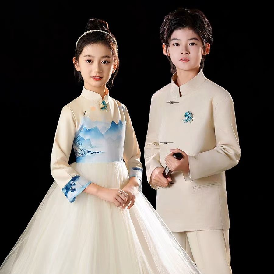 元旦儿童合唱服中小学生朗诵演出服中国风歌咏比赛舞台主持礼服女 - 图0