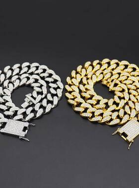 欧美嘻哈加粗镶钻项链满钻镀金Hiphop男士古巴链宽20mm亚马逊跨境