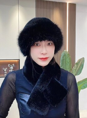 冬季围巾蒙古帽毛绒帽子女士加厚保暖仿貂毛防风套装防寒护耳