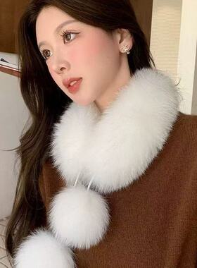 新款韩版女围脖百搭毛球围巾仿狐狸毛脖套秋冬交叉高级感围巾
