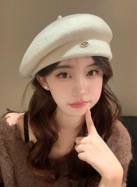 小香风白色羊毛贝雷帽女显小保暖