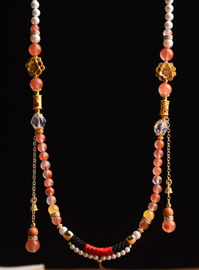 南红蜜蜡珍珠白水晶多宝项链绳女款民族风复古吊坠绳流苏珠宝挂绳