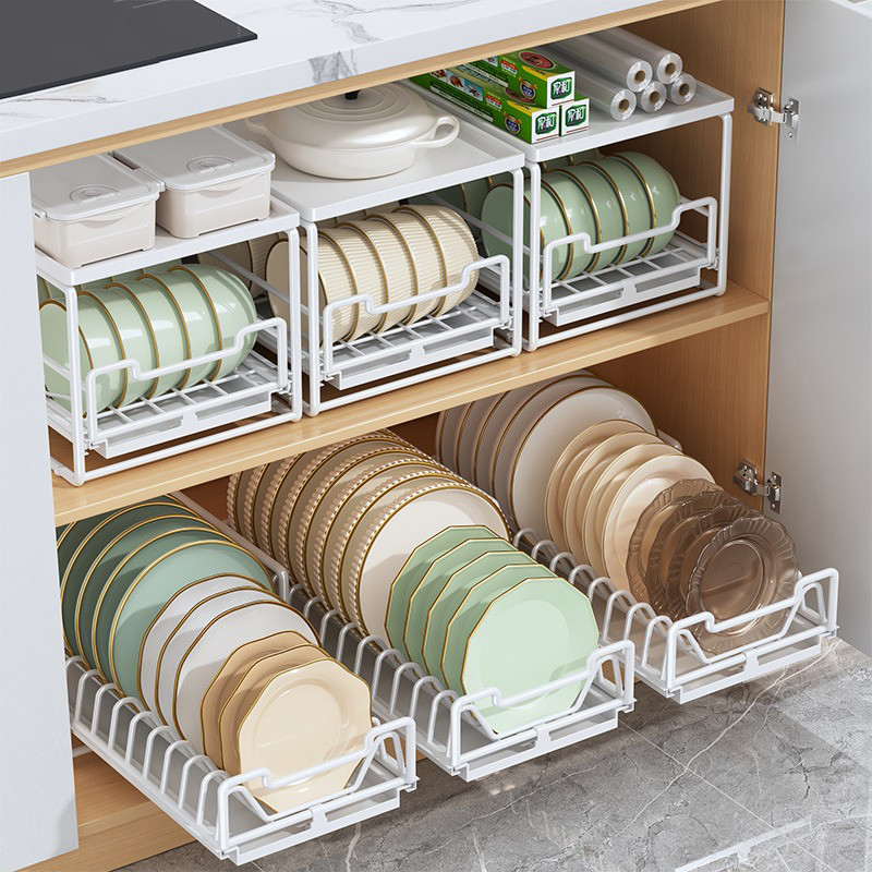 厨房碗碟收纳架免安装橱柜内置抽拉碗架抽屉式置物架分隔碗盘拉篮-图1