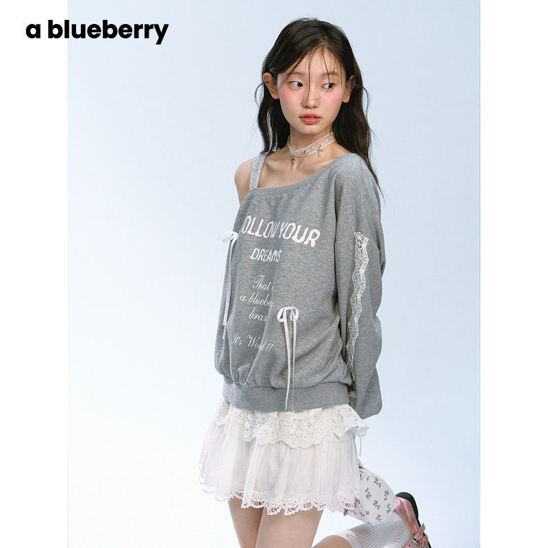 艾米同款ablueberry 露肩上衣女蕾丝拼接韩系甜酷休闲宽松卫衣秋,淘宝优惠券,粉丝福利购,淘宝优惠卷