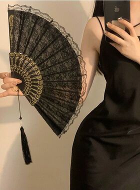 新中式复古黑色蕾丝折扇jk洛丽塔汉服旗袍扇子流苏古风拍照道具