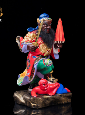 钟馗神像踩鬼拿伞钟天师香樟木雕彩绘贴正金精品台湾供奉镇宅摆件