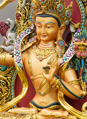 紫金莲尼泊尔工艺藏传密宗大鹏鸟背光彩绘文殊菩萨纯铜手工錾刻