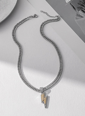 一页出品！欧美男炫酷闪电项链嘻哈风街舞说唱穿搭古巴链微镶坠子